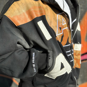 New Custom Embroidered Printed Boxy 440gsm Heavyweight <b>Cropped</b> Hoodie Distressed Acid Wash <b>Zip</b> <b>up</b> Satin Lined Hoodie for Men - Product Image 3