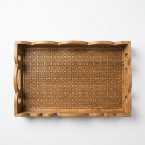 Plateau de service rectangulaire décoratif en bois de papdi biodégradable, fait main, moderne, à bords festonnés, gravé géométriquement, durable, motif cercle - Product Image 2