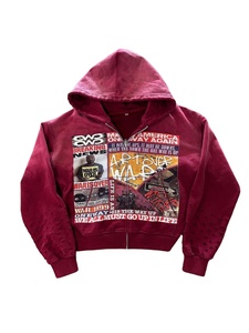 Sudadera con capucha oversize para hombre con cremallera, de forro polar con pedrería, con logotipo personalizado, estampado de silicona, bordado con efecto desgastado y descolorido por el sol, y estilo francés desgastado. - Product Image 2