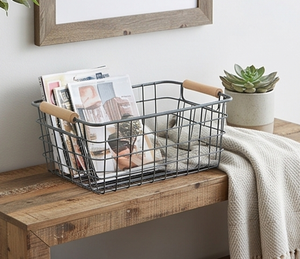 Premium <b>Rectangular</b> Metal Wire <b>Storage</b> <b>Basket</b> With Wooden Handles Minimalist Style Multi Purpose Organizing <b>Basket</b> - Product Image 3