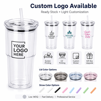 Gobelet isotherme transparent en plastique de 20 oz avec couvercle et paille, sans BPA, double paroi en PC, en stock, cadeau promotionnel, emballage carton