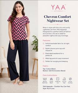 YAA APPARELS ชุดนอนพิมพ์ลายเชฟรอนชุดนอนผ้าฝ้ายผสมแขนสั้นสำหรับผู้หญิงชุดนอนสวมใส่สบายกางเกงขายาวเต็มตัว - Product Image 1