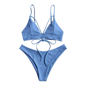 Ensemble de maillot de bain deux pièces côtelé pour femme, écologique et respirant, avec soutien-gorge à armatures et dos croisé, et string taille haute, pour la plage d'été - Product Image 1