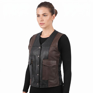 Premium Women's Leather Waistcoat Female Button Down Leather Vest Girls Leather Waist <b>Coat</b> With Side Pockets - Product Image 1