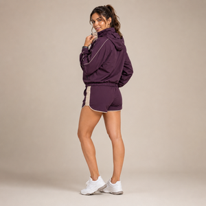 Conjunto Deportivo de 2 Piezas para Mujer, Color Morado, Chaqueta Deportiva de Manga Larga con Cuello Alto y Pantalones Cortos Transpirables de Poliéster, Corte Regular - Product Image 3