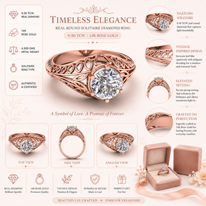 Bague solitaire en diamant rond véritable |   Bague de fiançailles en or 14 carats 0,50 TCW pour femmes |   Cadeau de bijoux fins pour un anniversaire de mariage classique - Product Image 5