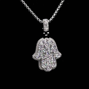 <b>Hamsa</b> Hand Pendant 925 Silver Moissanite Micro Pave Rhodium Plated Luxury Unisex Everyday Wear - Product Image 1