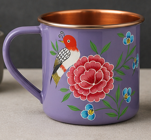 Handcrafted Sky Blue Copper Interior Enamel <b>Mug</b> Floral <b>Bird</b> Enamel <b>Mug</b> Blue Floral <b>Bird</b> Design Copper Rim Handle - Product Image 4