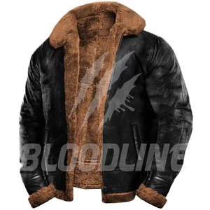 Veste en cuir noir pour homme BLOODLINE avec doublure en fausse fourrure marron, fermeture éclair, style motard, vêtement d'hiver - Product Image 1