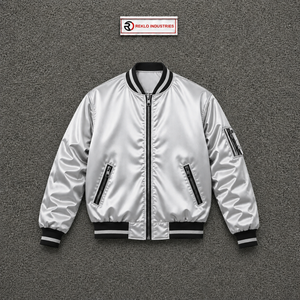 Blouson universitaire en satin argenté de qualité supérieure pour hommes et femmes, blouson bomber brillant personnalisé en gros avec col côtelé rayé noir et blanc - Product Image 5