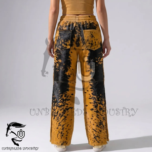 Pantalon évasé en cuir de vachette fait main noir moutarde avec poils, style urbain pour homme, respirant, coupe-vent, style western - Product Image 2