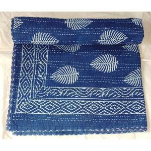 Hand Block Print Indigo Blue Kantha Bed Cover Reversible Bedding Bedspread Twin Size Vintage Cotton <b>Quilt</b> <b>Set</b> - Product Image 6