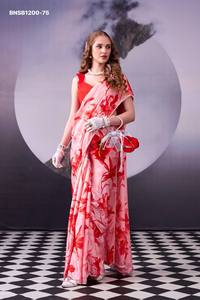 Magnifique ensemble de sari en soie satinée de qualité supérieure avec imprimé floral et bordure en dentelle perlée - Collection de chemisiers Banglory - Fournisseur indien - Product Image 3