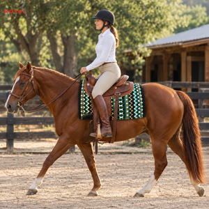 Couverture de selle occidentale géométrique noire, verte et turquoise, tissée, avec patch en cuir, équipement d'équitation - Product Image 4