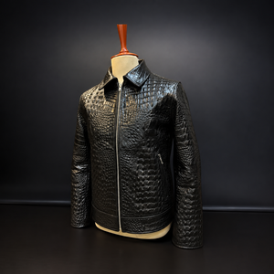 Veste de moto en cuir de crocodile véritable MH, noire, style motard, coupe ajustée, col rond, coupe-vent - Product Image 1