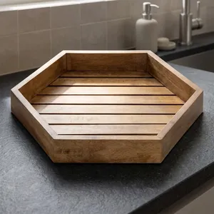 Plateau de service hexagonal en bois pour le petit-déjeuner, les aliments, le café, les collations, table ottoman, décoration de la maison, restaurant, plateau en bois naturel - Product Image 6