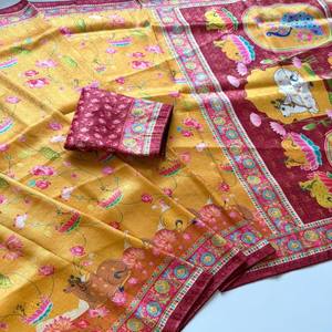 VASTRA COTTAGE Saree de Seda Suave con Jacquard Jari en Toda la Prenda y Estampado Digital Kalamkari, Saree de Diseño con Blusa con Ribete Doori - Product Image 2