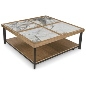 Table basse industrielle moderne avec plateau en faux marbre, structure en bois, pieds en fer, étagère de rangement, meubles de salon - Product Image 3