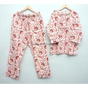 Indian Cotton Women's Floral Print <b>Pyjama</b> Set with Buttons closure <b>for</b> Beachwear And Loungewear Night Suit round Neck PJ Set - Product Image 6