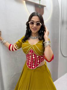 Traditional Indian Cotton Heavy Mirror Hand Work Readymade Lace <b>Lehenga</b> <b>Top</b> Set Floor-Length Regular Fit Women's Wedding Wear - Product Image 2