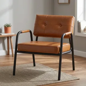 Sillón Vintage de Cuero Marrón con Respaldo Acolchado con Botones, Asiento Acolchado, Estructura de Metal Negro, Cómodo Sillón de Salón - Product Image 5