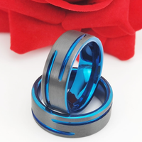 Anillo de carburo de tungsteno negro con ranuras azules y banda interior azul, alianza de boda cepillada de 8 mm para hombre, joyería deportiva al por mayor