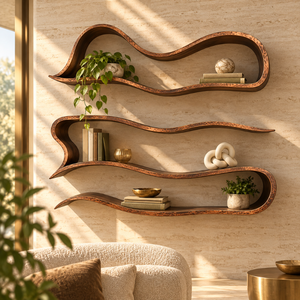 Estante de Pared Escultural de Madera con Diseño Curvo y Detalle de Borde de Cobre |   Estantes Flotantes de Tres Piezas para Exhibición de Arte y Decoración del Hogar - Product Image 4
