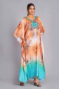 Caftán con estampado de tigre y leopardo para mujer – Vestido maxi tipo kimono con degradado de naranja a turquesa - Product Image 2