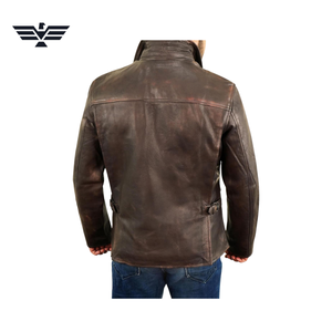 Blouson moto homme en cuir véritable marron, coupe ajustée, respirant, col montant, fermeture éclair, couleur unie, doublure coton, idéal pour l'automne - Product Image 2