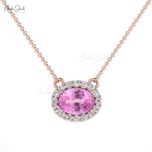 Top Quality Natural 7x5mm Oval Cut Pink Sapphire Gemstone Necklace in 14k Fine Gold Diamond Halo Necklace Top Wholesale Supplier - Product Image 3