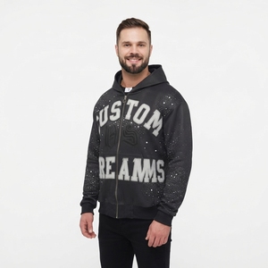 Sudadera con capucha de punto extragrande negra para hombre, con cremallera frontal, estampado de letras, puntos brillantes, cortavientos, estilo Hip Hop Streetwear - Product Image 3