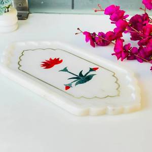 Plateau décoratif en marbre blanc incrusté de fleurs, plateau en pierre polie, artisanat fait main, pour la maison et les restaurants - Product Image 1
