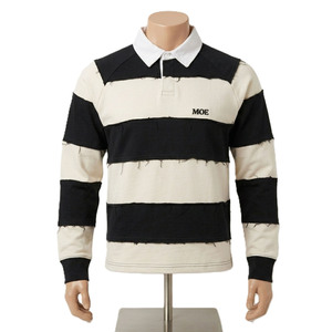 Chemises pour hommes déstructurées personnalisées à manches longues, rayées, style rugby, en coton épais 100%, effet vieilli, ourlet brut, streetwear, maillot rétro - Product Image 5