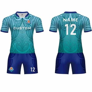 Conjunto de Camiseta de Rugby Personalizada para Hombre, Estampado por Sublimación, Patrón Azul y Verde, Cuello Polo, Secado Rápido, Tejido Deportivo, Atuendo de Verano - Product Image 1