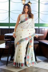 Sari de Seda con Diseño Floral Étnico Tejido a Mano, Estilo Bhagalpuri para Bodas, con Sarees Étnicos Hechos a Mano para Vestimenta de Boda - Product Image 3
