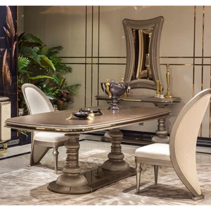 Ensemble de table à manger moderne de luxe en teck massif écologique avec 6 chaises, piédestal bronze champagne, design contemporain pour villa - Product Image 1