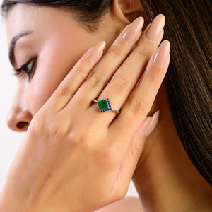925 Sterling <b>Silver</b> Kite Shape Natural Princess Cut <b>Emerald</b> & Round Cut Blue Sapphire Women's Fine <b>Ring</b> Wholesale Jewelry - Product Image 4