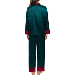 Women's Green Satin Pajama Set <b>Long</b> <b>Sleeve</b> Full Length Button Front Elegant Sleepwear Turn-down Collar 100% Polyester - Product Image 3