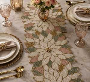Handmade Beaded Solid Stripe <b>Table</b> <b>Runner</b> Luxury Dining <b>Table</b> Decor Ivory Gold Bead Embroidery Polyester/Cotton Wedding Gift - Product Image 1