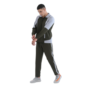 Survêtement vert olive pour homme, veste de sport à fermeture éclair intégrale avec pantalon à rayures blanches, polyester et coton respirants, style décontracté, style automne - Product Image 6