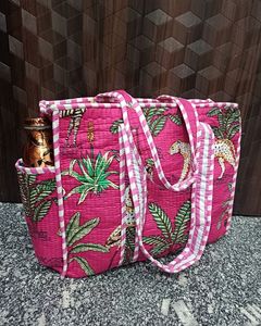 <b>Hot</b> Sale Magenta <b>Pink</b> Jungle Leopard Cotton Kantha Quilted Storage Tote <b>Bag</b> Women Shoulder Travel Carry Sack Side Pocket - Product Image 1