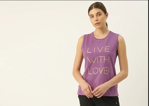 Débardeur sans manches violet pour femme, col rond, imprimé « Live With Love » en feuille d'aluminium, en coton tricoté décontracté - Product Image 2
