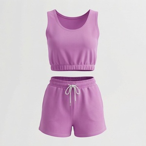 <b>Women's</b> 2 Piece Sporty <b>Set</b> Sleeveless Crop <b>Top</b> <b>and</b> Above Knee <b>Shorts</b> Solid Knitted Breathable Summer Wear - Product Image 1
