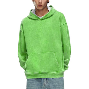 Sudadera con Capucha Verde Neón Brillante para Hombre, de Algodón Pesado, Estilo Retro Oversize, Lavado Ácido, Personalizada, Estilo Urbano - Product Image 3