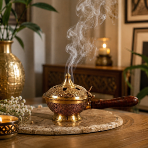Handcrafted Engraved Brass Eco-Friendly Sandalwood Handle Arabic Resin Incense <b>Burner</b> Home Decor - Product Image 4