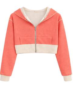 Sudadera con capucha corta para mujer, color rosa coral, con cremallera, de algodón y forro polar, estilo color block, informal, para uso diario. - Product Image 1