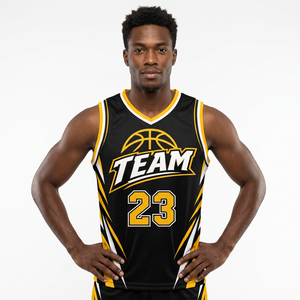 Maillot de basket-ball d'équipe pour hommes, noir et jaune, 23, sublimé, col en V, sans manches, évacuant l'humidité, coupe athlétique, toutes saisons - Product Image 1