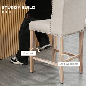 Set of 2 Counter Height Bar <b>Stools</b> 27\" Inch <b>with</b> Chrome Base Beige Tufted <b>Back</b> and Wood Legs Nailhead Trim - Product Image 5