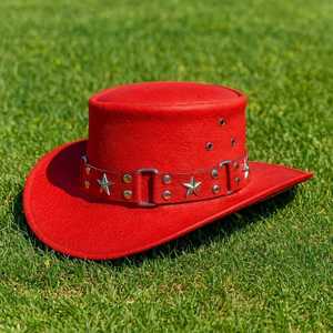 Premium Quality Custom Handmade Red Leather Star <b>Hat</b> With Studded <b>Band</b> For Festival Cosplay Wear - Product Image 3