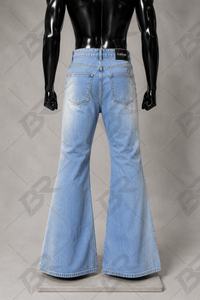 Medium Wash Breathable Lightweight <b>Flare</b> <b>Jeans</b> <b>Men</b> High Waist Loose Fit Vintage Bell Bottom Woven Denim Pants Casual Streetwear - Product Image 4